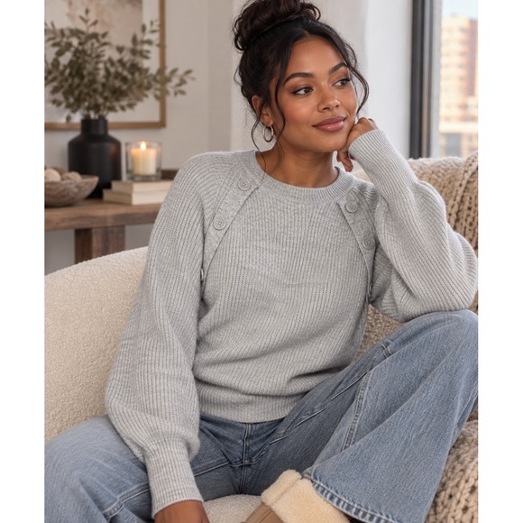 Joie Sweaters - Joie Aine Ribbed Balloon Sleeve Pullover Sweater Button Shoulder Accent Large